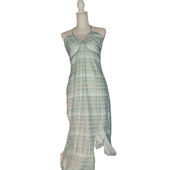 NWT- Sz L Gorgeous Aqua & Silver Knitted Low back Sleeveless Ruched Dress - Picture 10 of 13